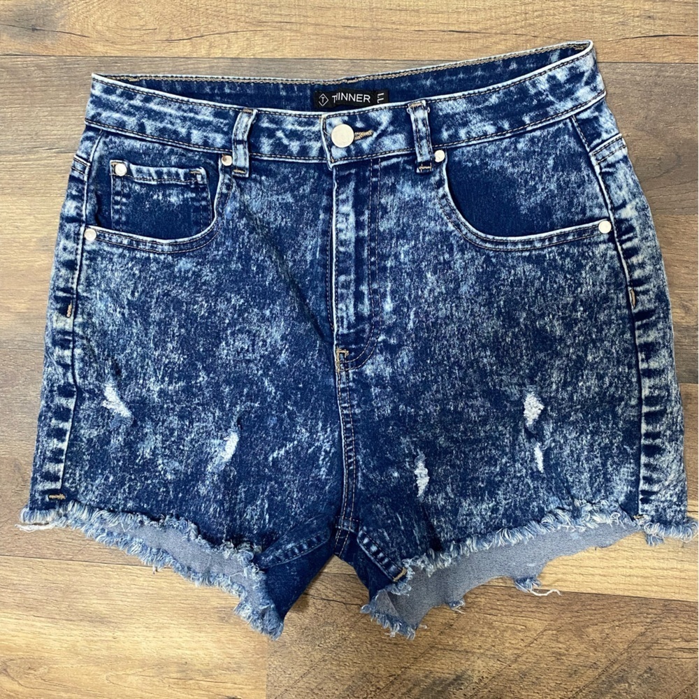 TIINNER -Dark Blue Frayed Jean Shorts